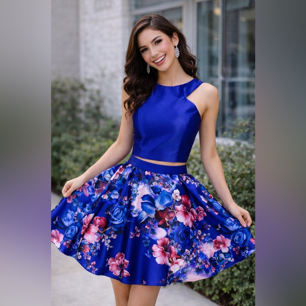 Flirty 2-piece Hoco dress 💙 Bold royal satin & twirl-ready floral skirt!